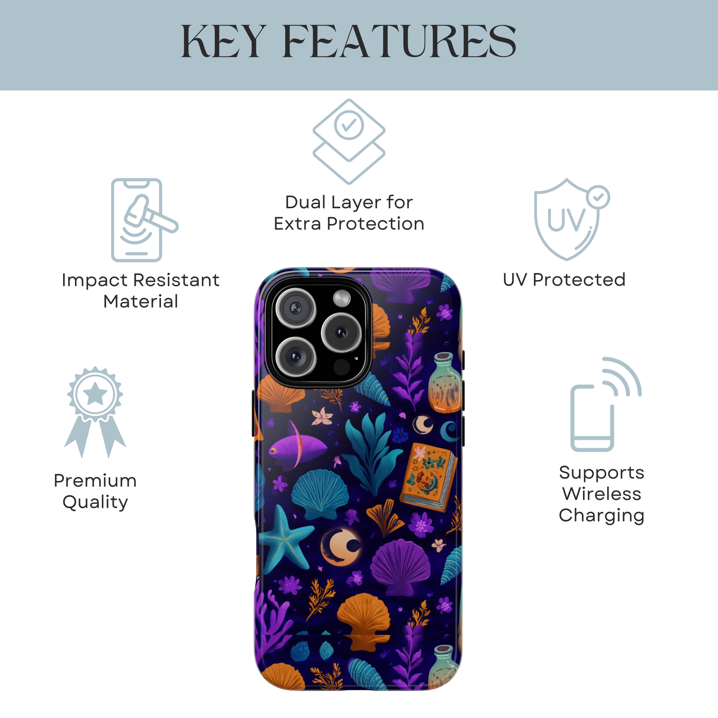 Magical Ocean Phone Case, Spooky Sea Vibes Cover, Witchy Seashell Starfish Moon Fish Night Aesthetic compatible with iPhone Galaxy Pixel