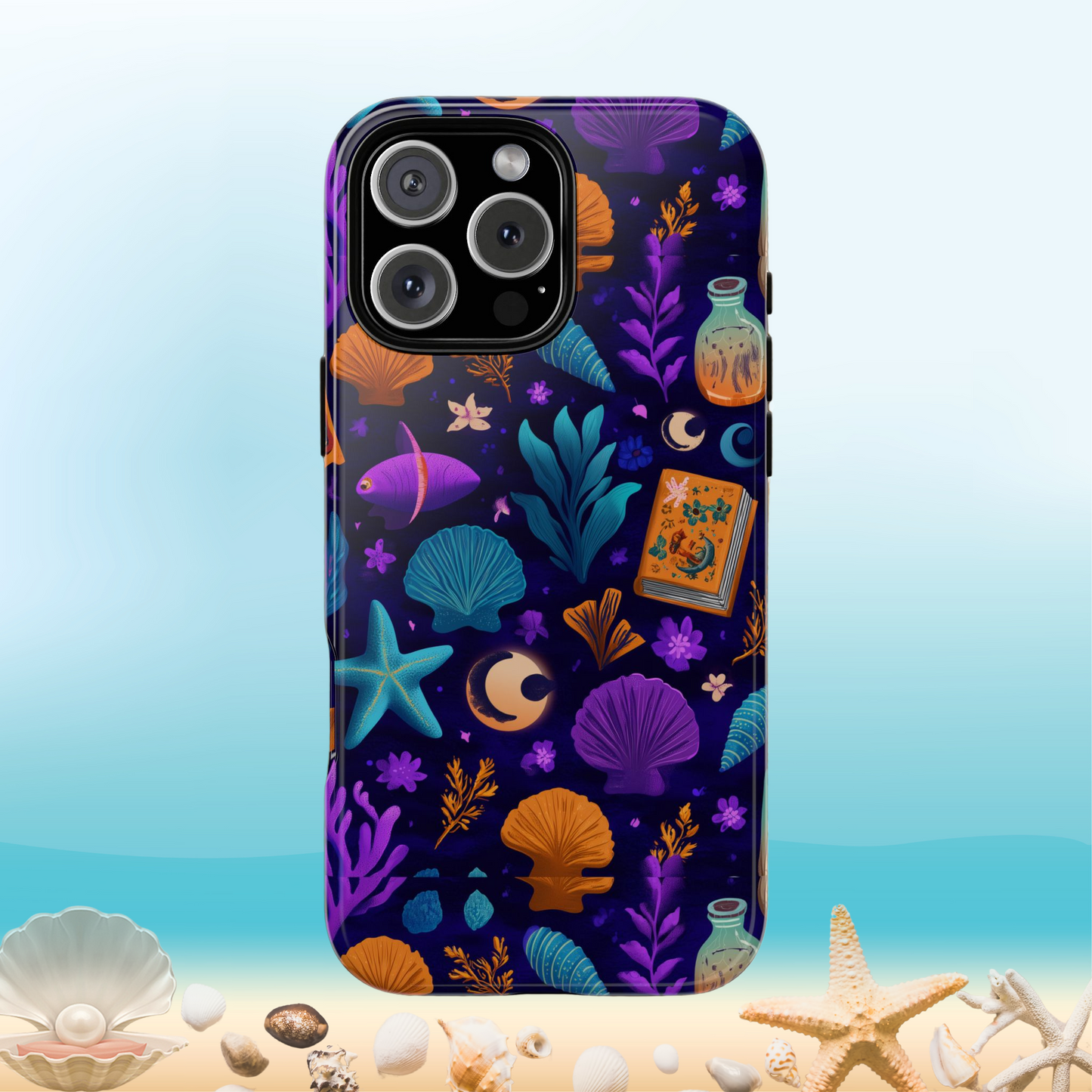 Magical Ocean Phone Case, Spooky Sea Vibes Cover, Witchy Seashell Starfish Moon Fish Night Aesthetic compatible with iPhone Galaxy Pixel