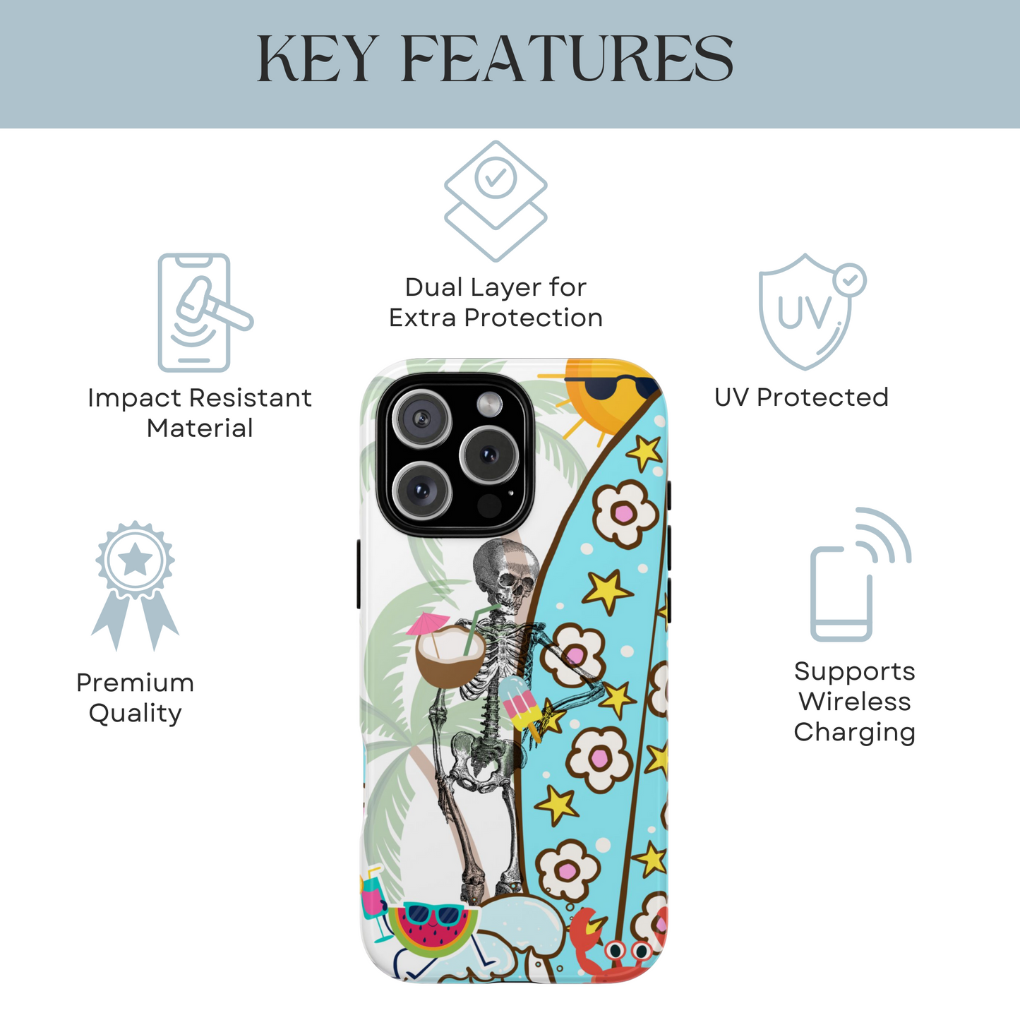 Halloween Beach Phone Case, Summerween Skeleton Surf Phone Cover, Spooky Tropical Case compatible with iPhone, Samsung Galaxy, Google Pixel