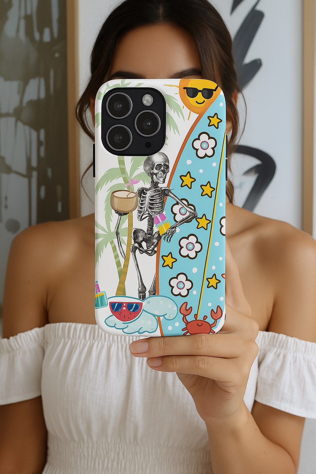 Halloween Beach Phone Case, Summerween Skeleton Surf Phone Cover, Spooky Tropical Case compatible with iPhone, Samsung Galaxy, Google Pixel