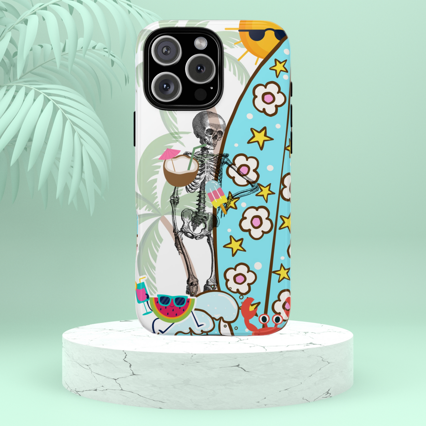 Halloween Beach Phone Case, Summerween Skeleton Surf Phone Cover, Spooky Tropical Case compatible with iPhone, Samsung Galaxy, Google Pixel