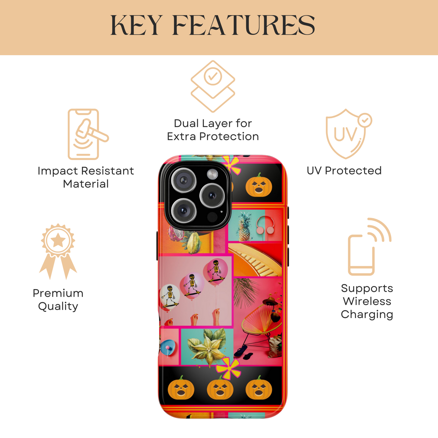 Halloween Beach Phone Case, Summerween Collage Skeleton Balloon Phone Cover, Spooky Tropical Case compatible with iPhone,Galaxy,Google Pixel