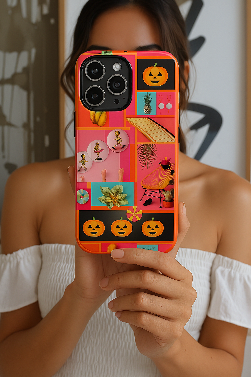 Halloween Beach Phone Case, Summerween Collage Skeleton Balloon Phone Cover, Spooky Tropical Case compatible with iPhone,Galaxy,Google Pixel