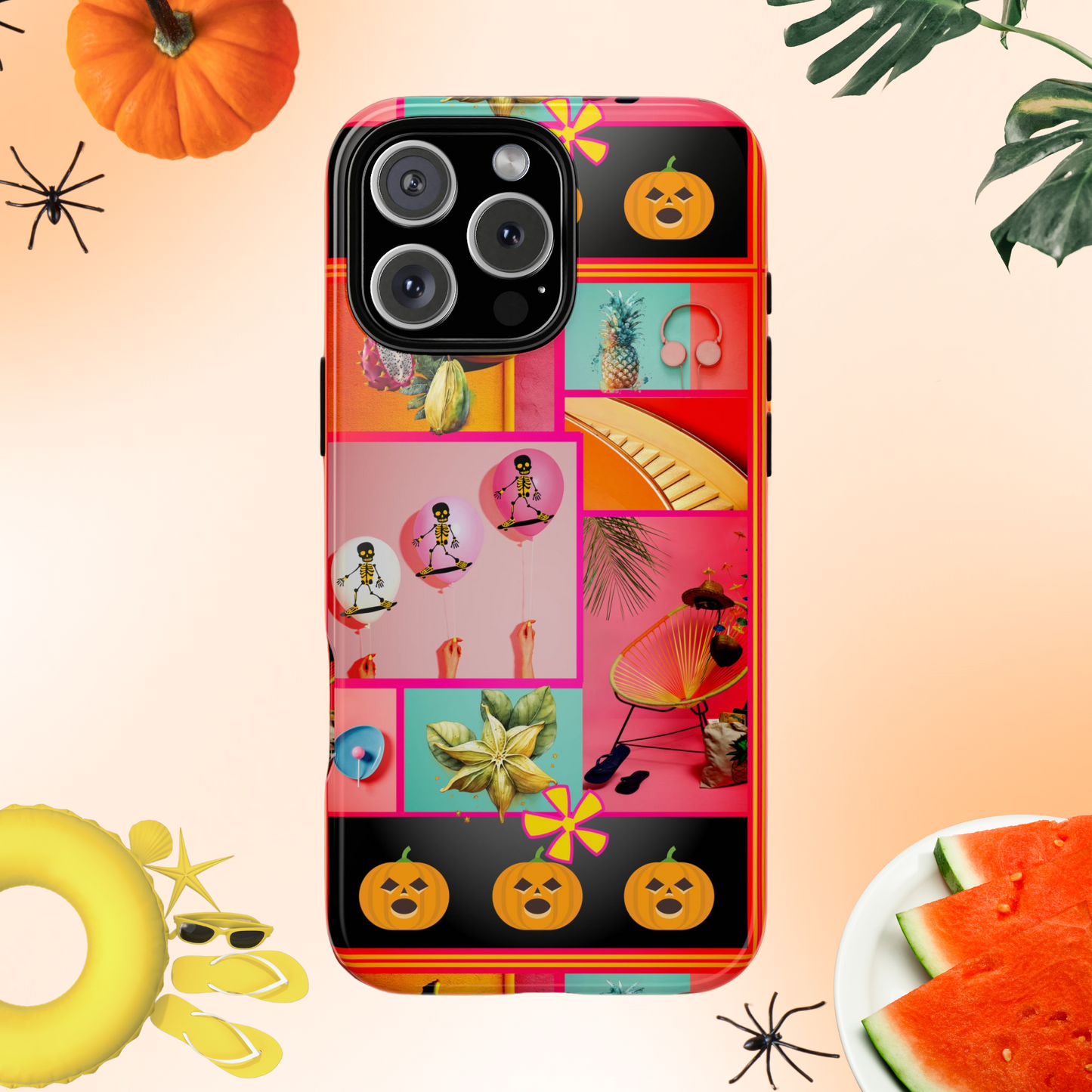 Halloween Beach Phone Case, Summerween Collage Skeleton Balloon Phone Cover, Spooky Tropical Case compatible with iPhone,Galaxy,Google Pixel