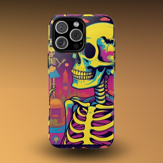 Summerween Neon Skeleton Phone Case, Retro Halloween Aesthetic Phone Cover, Bright Spooky Skull Case, Psychedelic Goth Fall Accessory