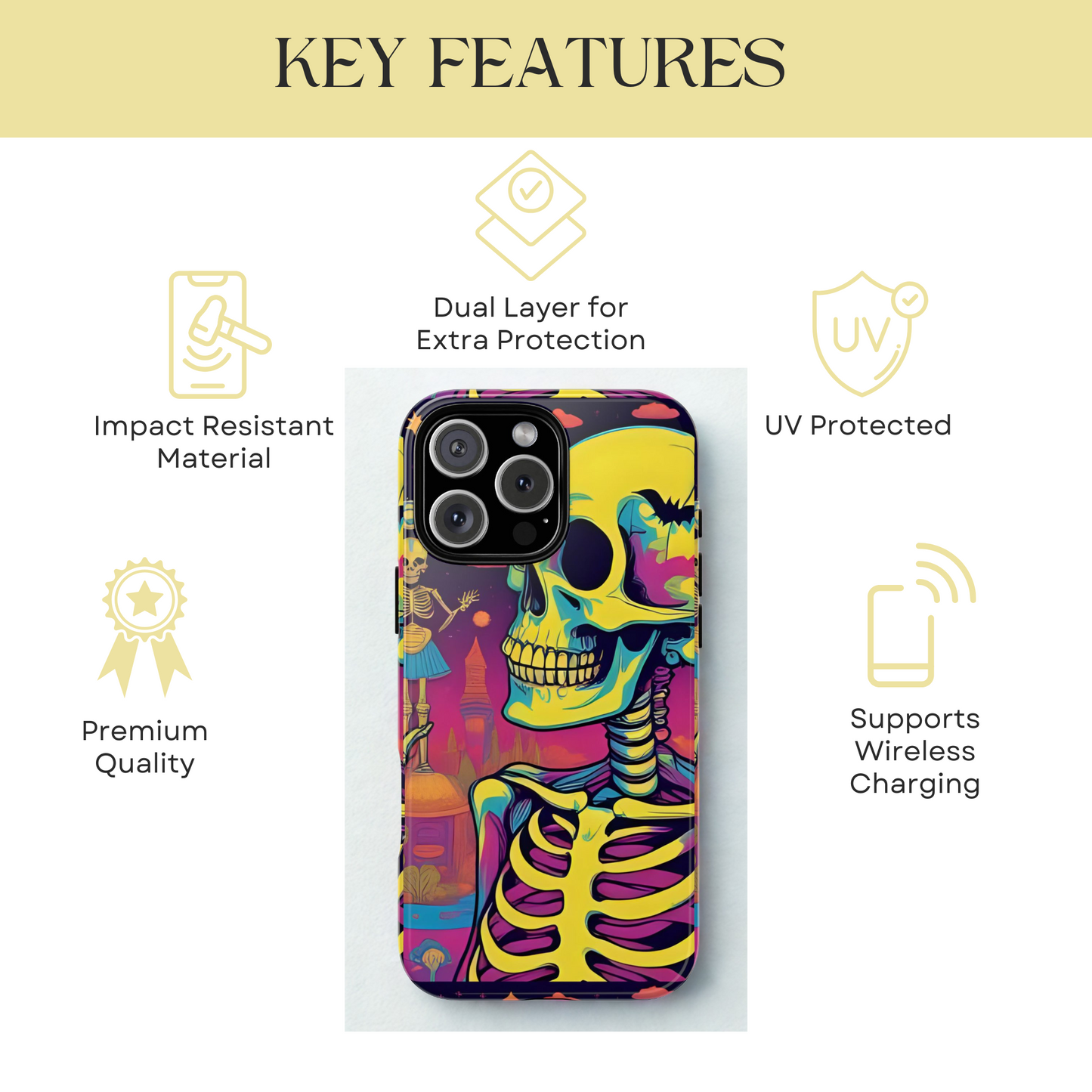 Summerween Neon Skeleton Phone Case, Retro Halloween Aesthetic Phone Cover, Bright Spooky Skull Case, Psychedelic Goth Fall Accessory