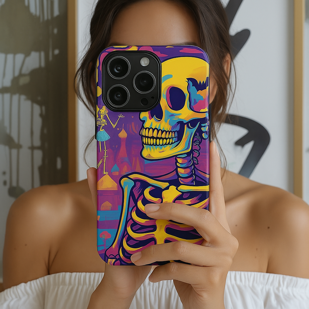 Summerween Neon Skeleton Phone Case, Retro Halloween Aesthetic Phone Cover, Bright Spooky Skull Case, Psychedelic Goth Fall Accessory