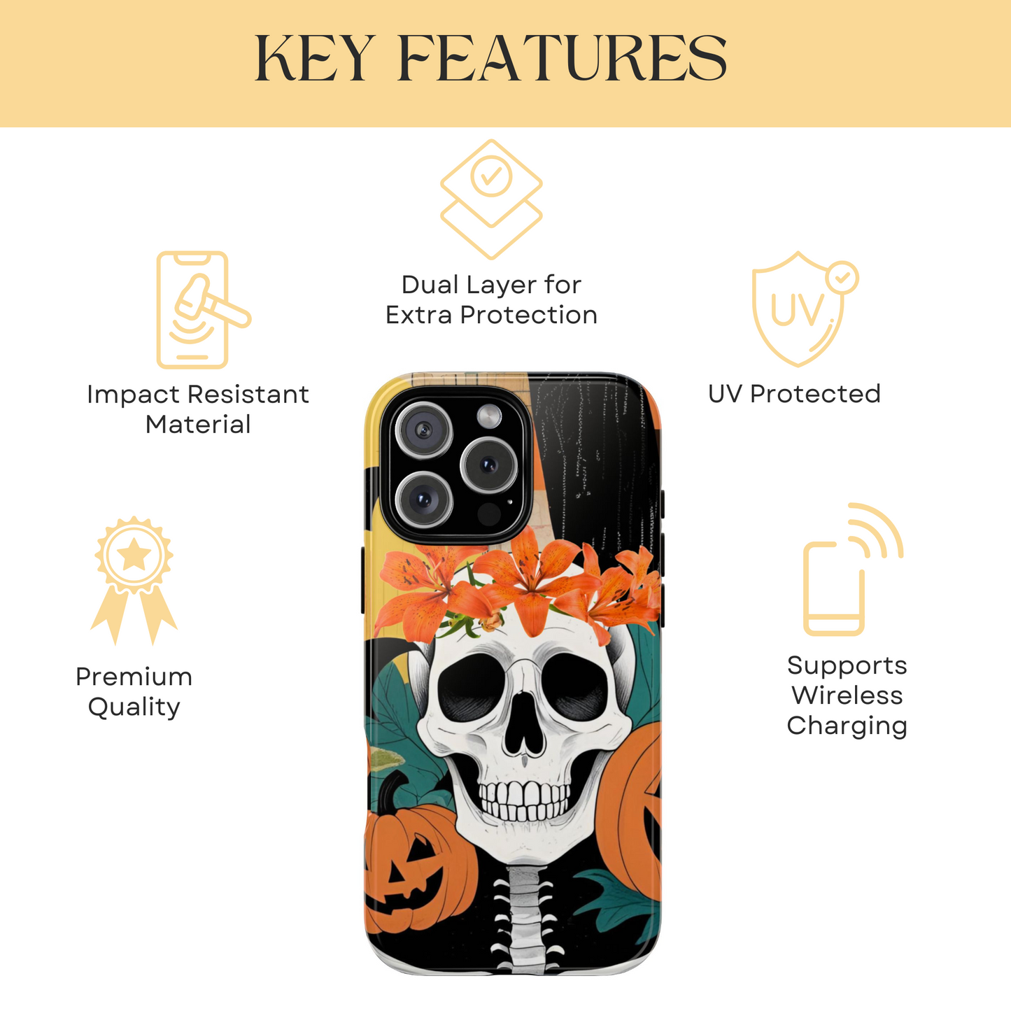Summerween Skull Phone Case, Halloween Floral Skeleton Phone Cover, Pumpkin Goth Aesthetic Case, Spooky Fall Accessory, Floral Horror Gift