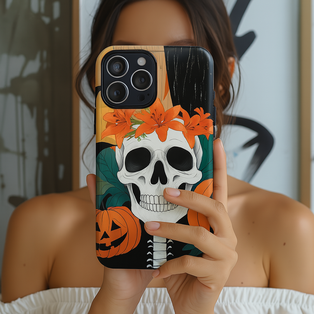 Summerween Skull Phone Case, Halloween Floral Skeleton Phone Cover, Pumpkin Goth Aesthetic Case, Spooky Fall Accessory, Floral Horror Gift