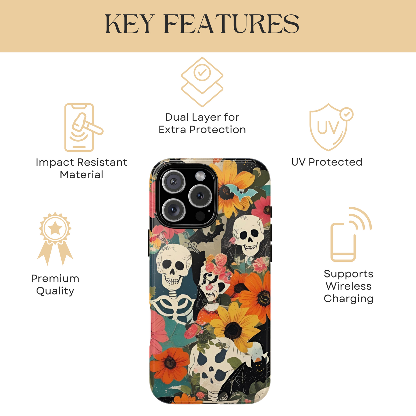 Summerween Skull Phone Case, Halloween Floral Skeleton Phone Cover - Pumpkin Goth Aesthetic Case, Spooky Fall Accessory, Floral Horror Gift