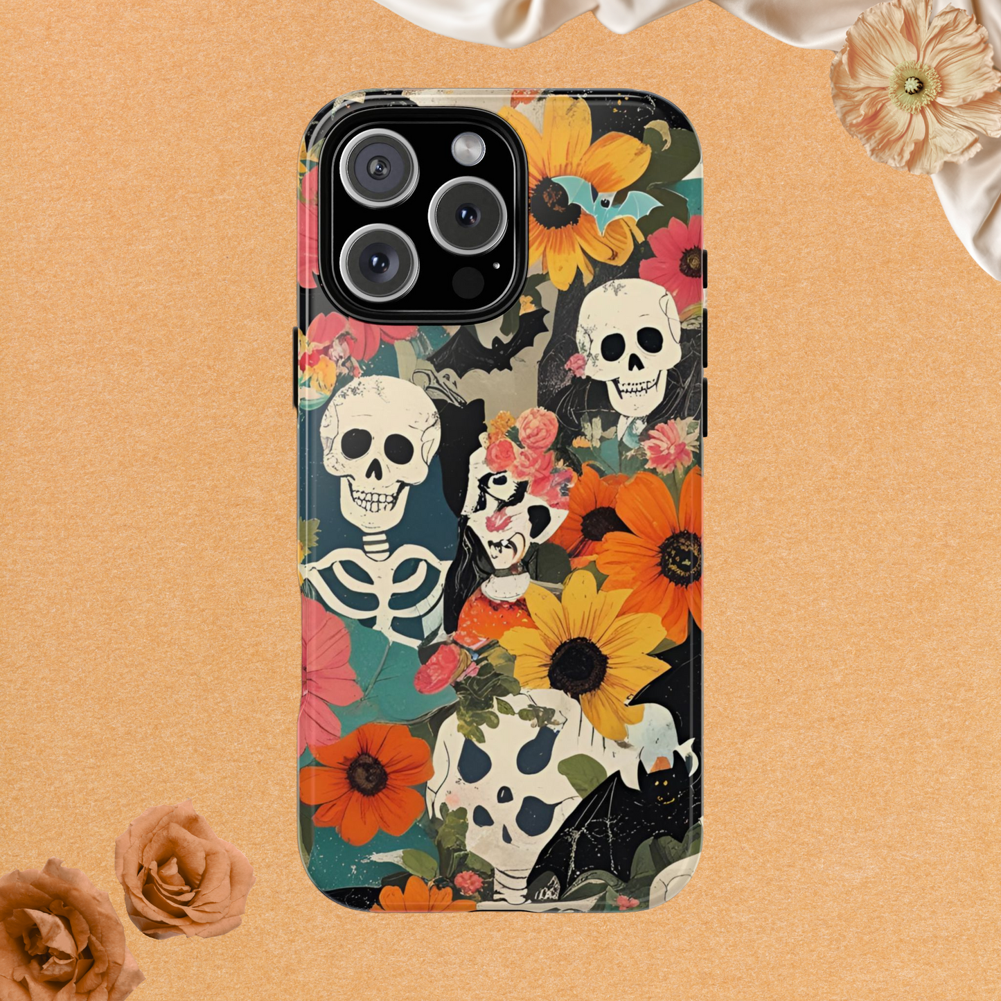 Summerween Skull Phone Case, Halloween Floral Skeleton Phone Cover - Pumpkin Goth Aesthetic Case, Spooky Fall Accessory, Floral Horror Gift