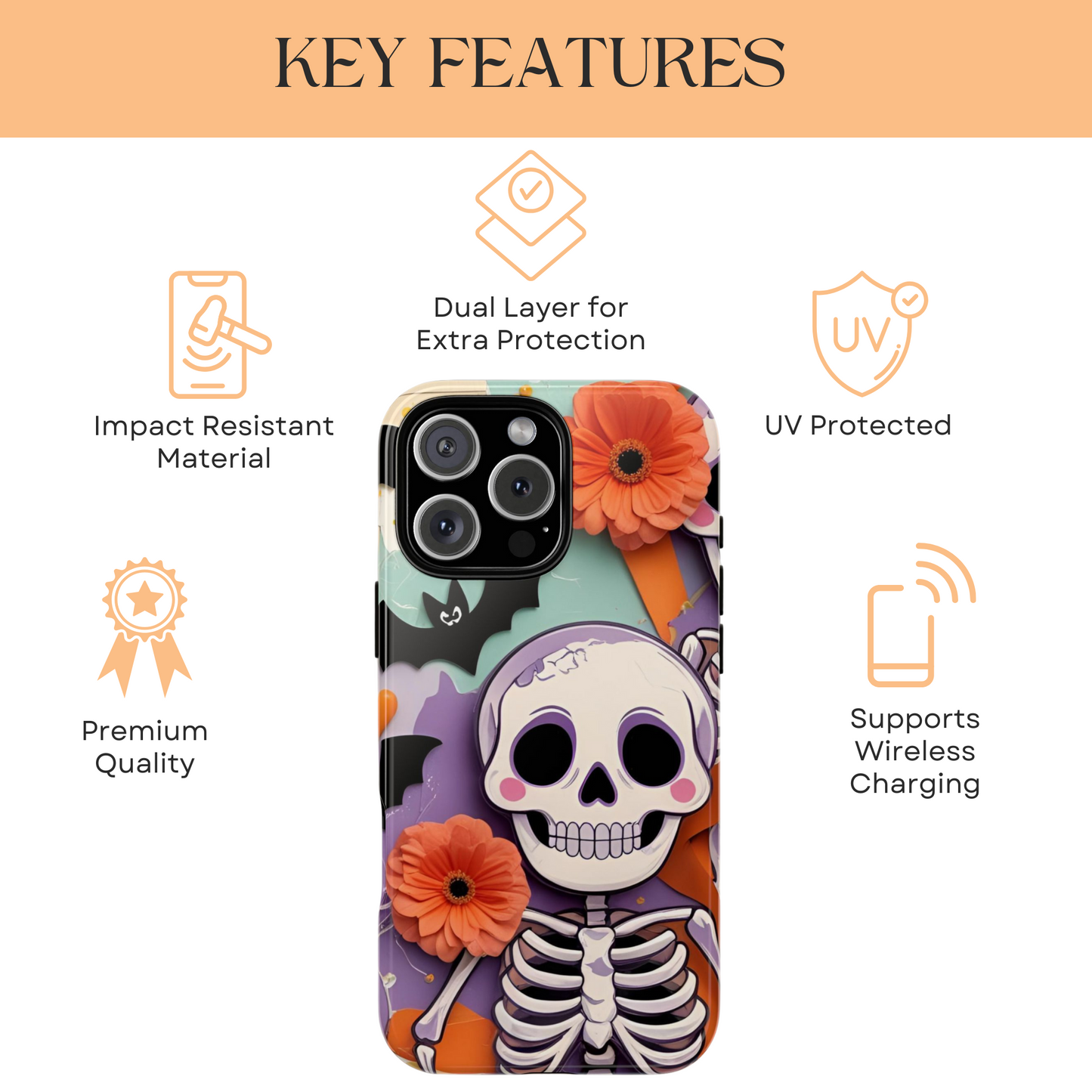 Summerween Skull Phone Case, Halloween Floral Skeleton Phone Cover, Pumpkin Goth Aesthetic Case, Spooky Fall Accessory, Floral Horror Gift