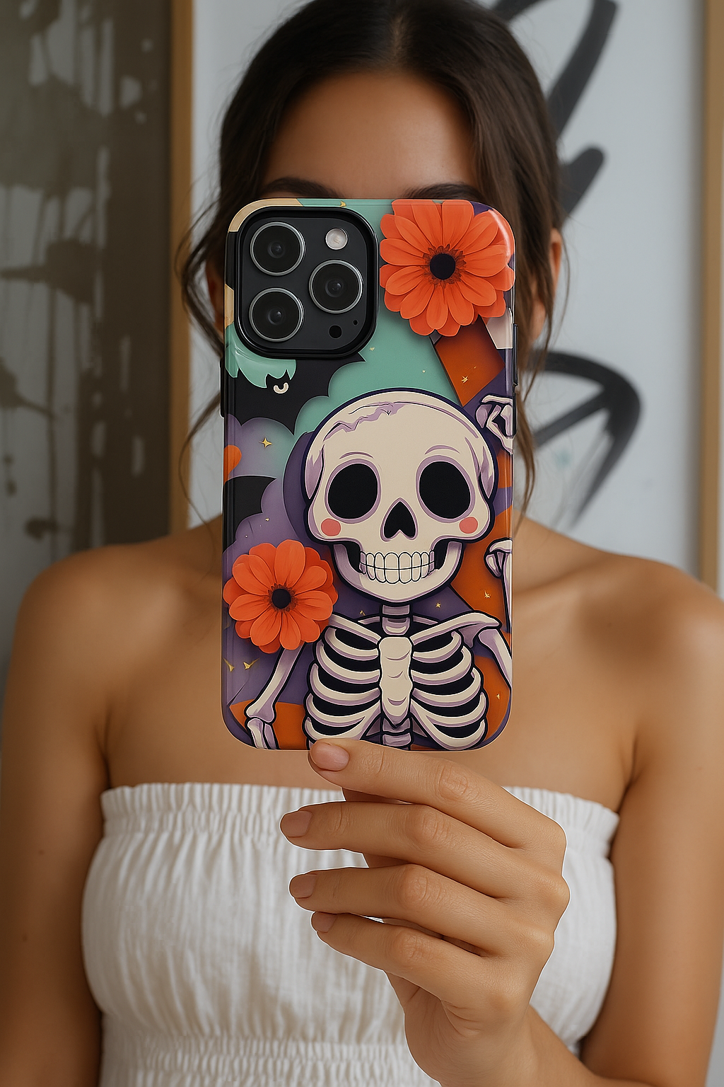 Summerween Skull Phone Case, Halloween Floral Skeleton Phone Cover, Pumpkin Goth Aesthetic Case, Spooky Fall Accessory, Floral Horror Gift