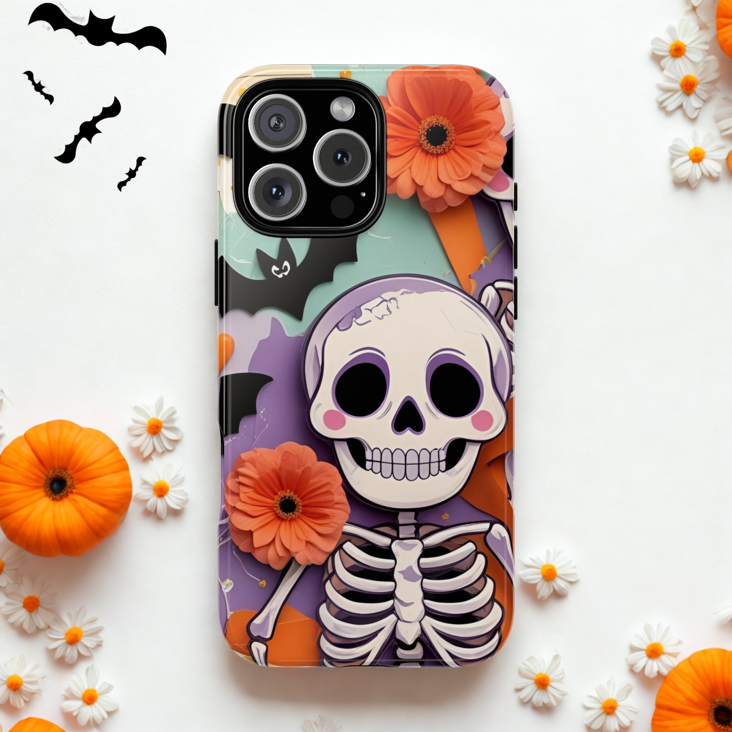 Summerween Skull Phone Case, Halloween Floral Skeleton Phone Cover, Pumpkin Goth Aesthetic Case, Spooky Fall Accessory, Floral Horror Gift