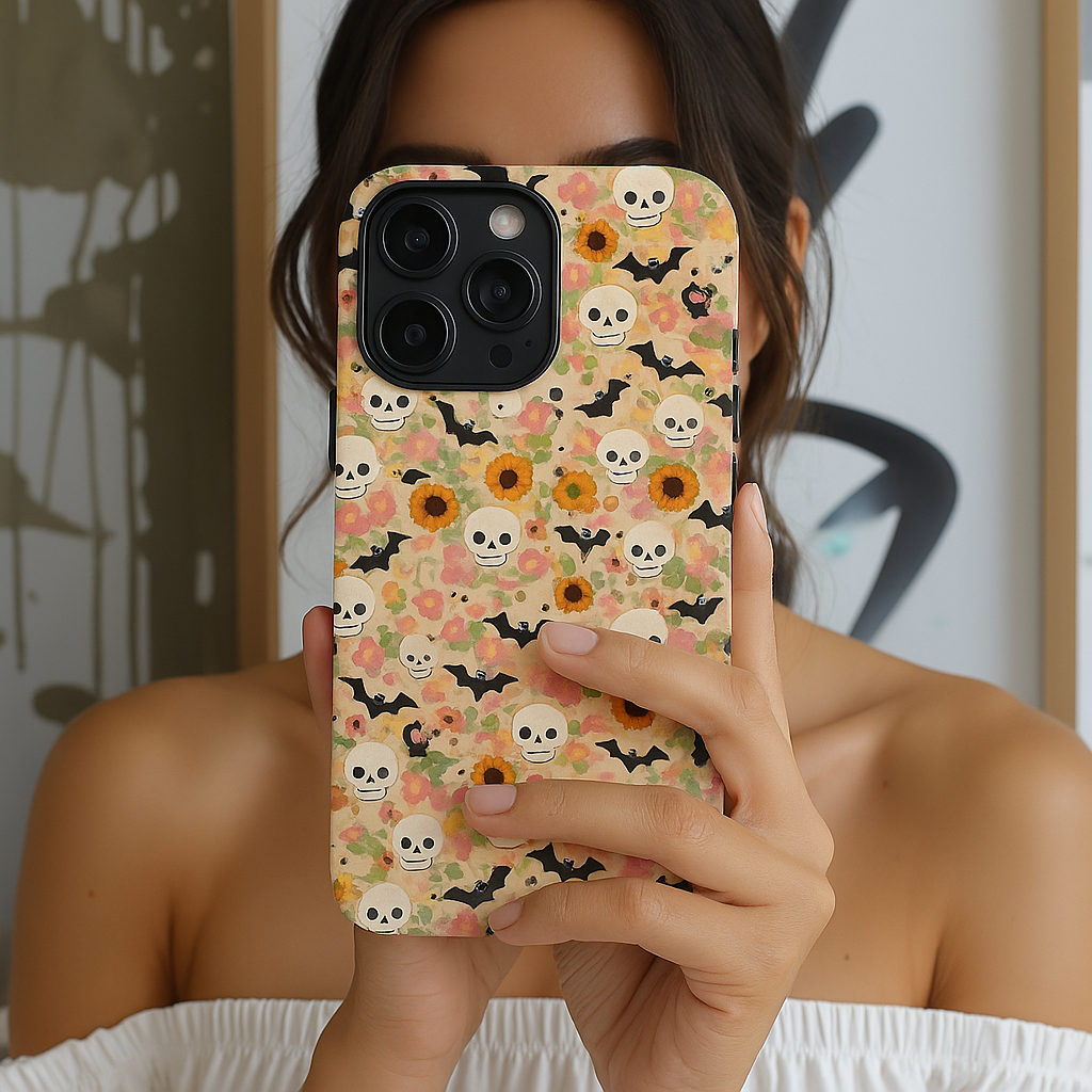 Summerween Skeleton Phone Case, Pastel Goth Halloween Phone Cover - Spooky Floral Cute Pumpkin Goth Vibe, Pastel Fall Aesthetic Horror Gift