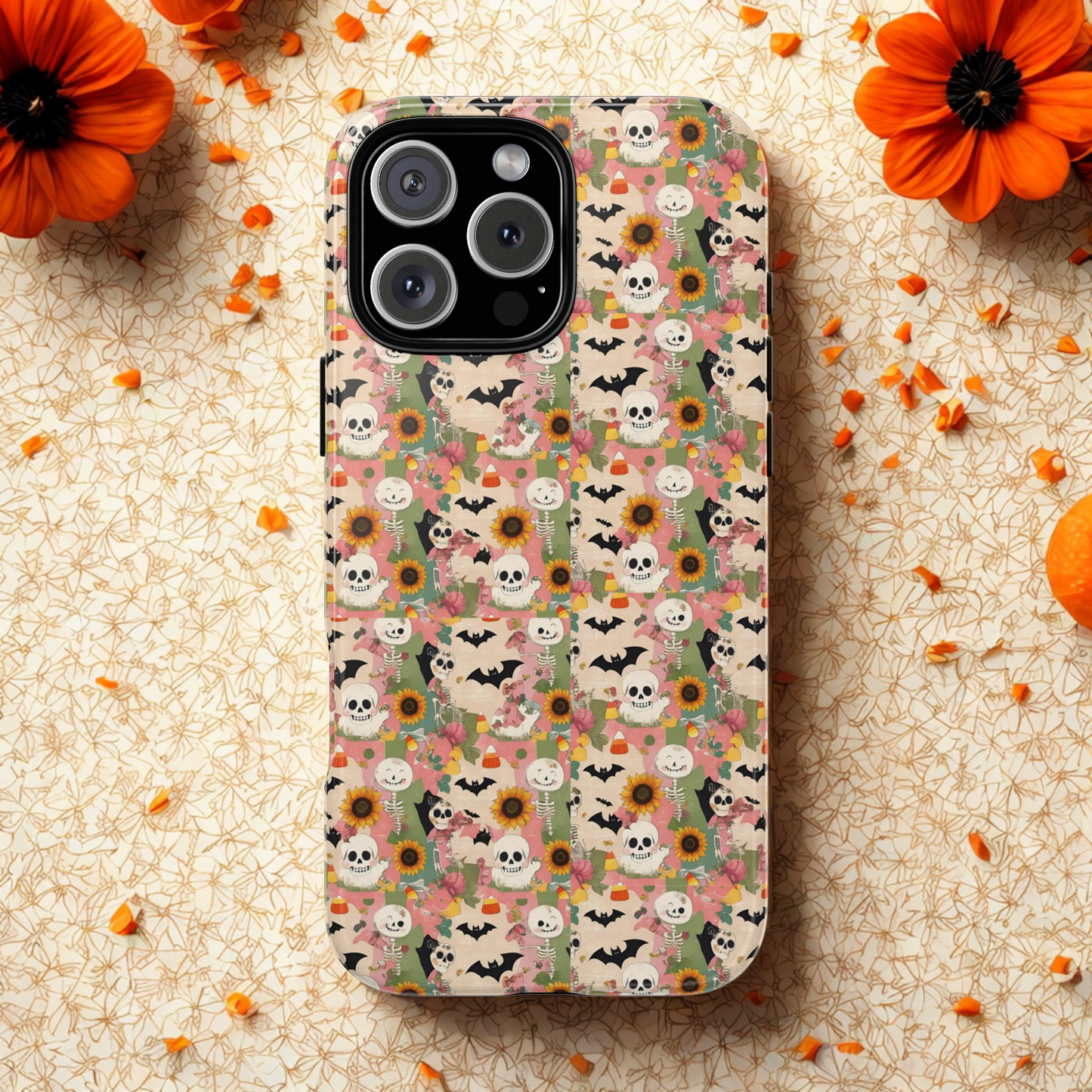 Summerween Skeleton Phone Case, Pastel Goth Halloween Phone Cover - Spooky Floral Cute Pumpkin Goth Vibe, Pastel Fall Aesthetic Horror Gift