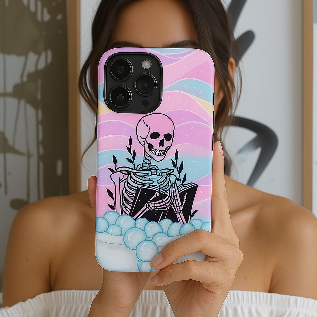 Summerween Pastel Skeleton Phone Case, Goth Bathtime Book Lover Phone Cover, Cute Halloween Bubble Bath Case, Spooky Cute Coquette Aesthetic