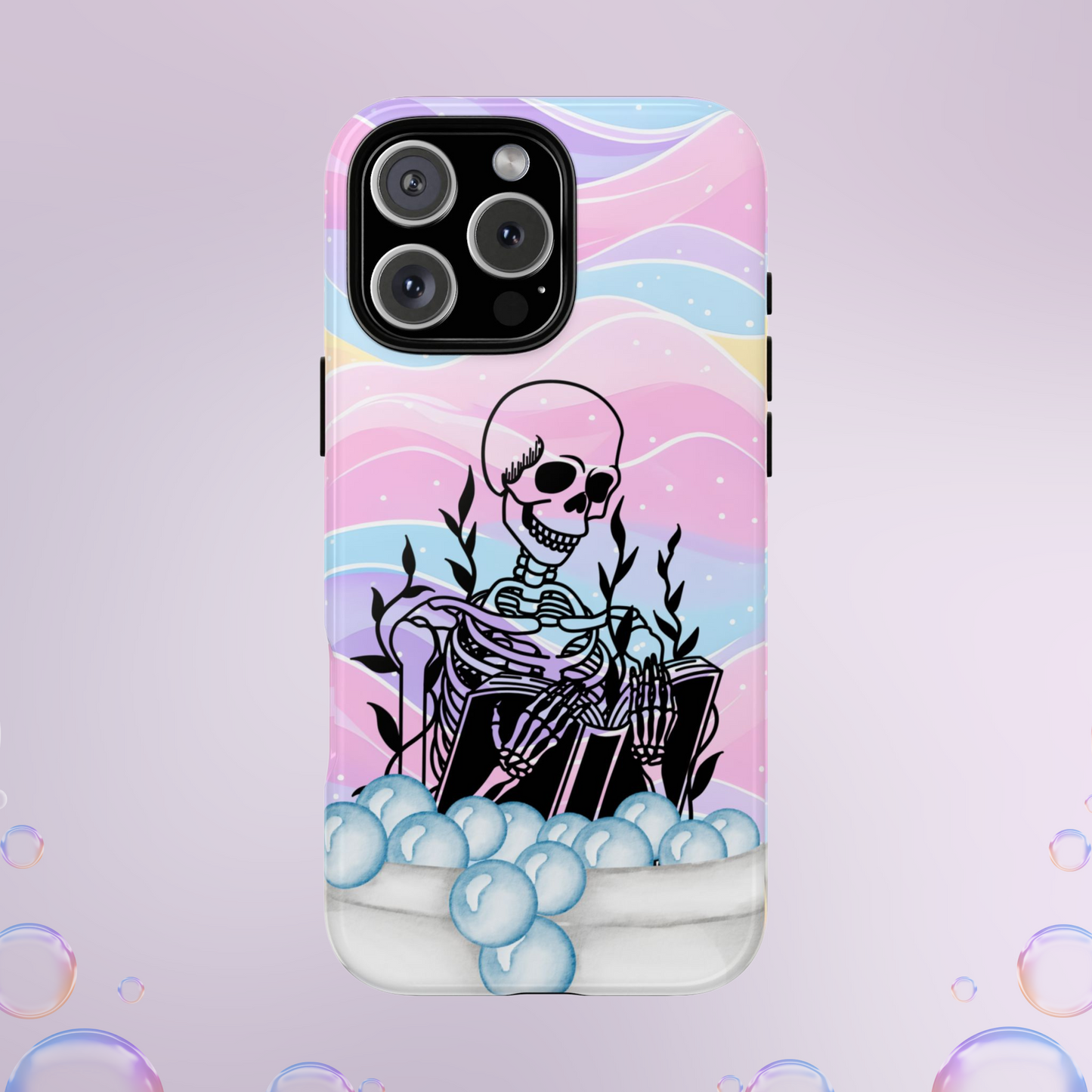 Summerween Pastel Skeleton Phone Case, Goth Bathtime Book Lover Phone Cover, Cute Halloween Bubble Bath Case, Spooky Cute Coquette Aesthetic