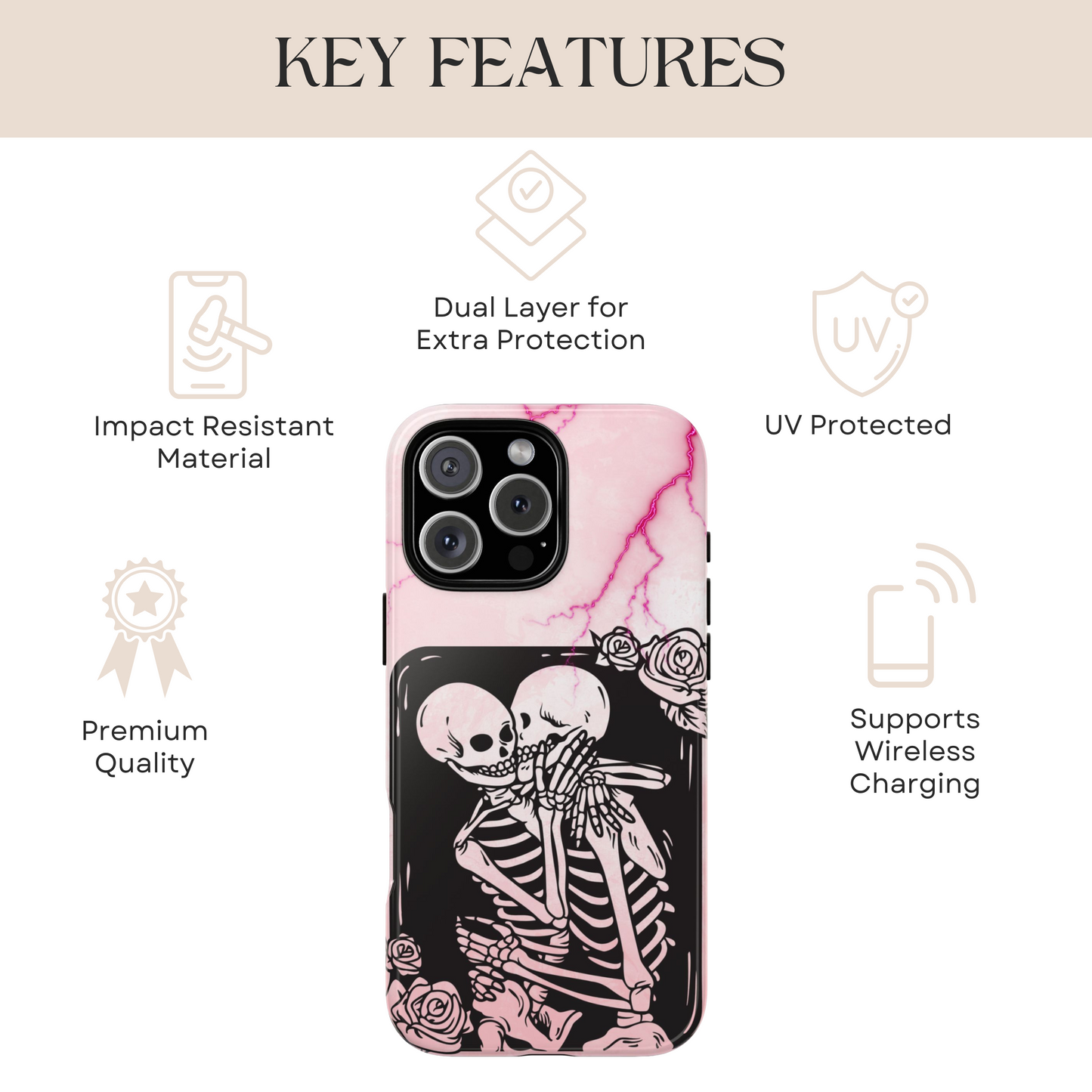 Skeleton Lovers Phone Case, Pastel Goth Romance Phone Cover, Pink Marble Spooky Valentine Case, Cute Gothic Couple Aesthetic Accessory Gifts