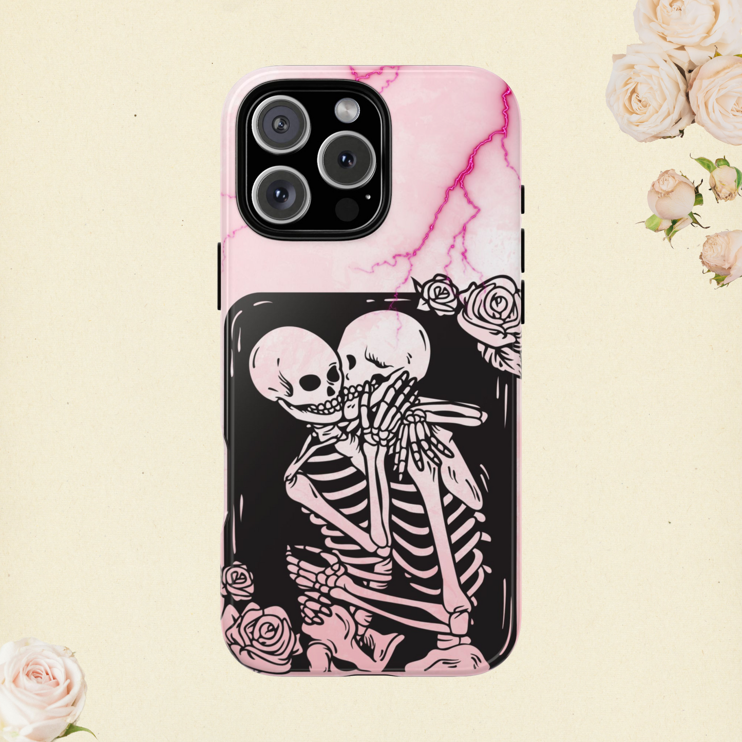 Skeleton Lovers Phone Case, Pastel Goth Romance Phone Cover, Pink Marble Spooky Valentine Case, Cute Gothic Couple Aesthetic Accessory Gifts