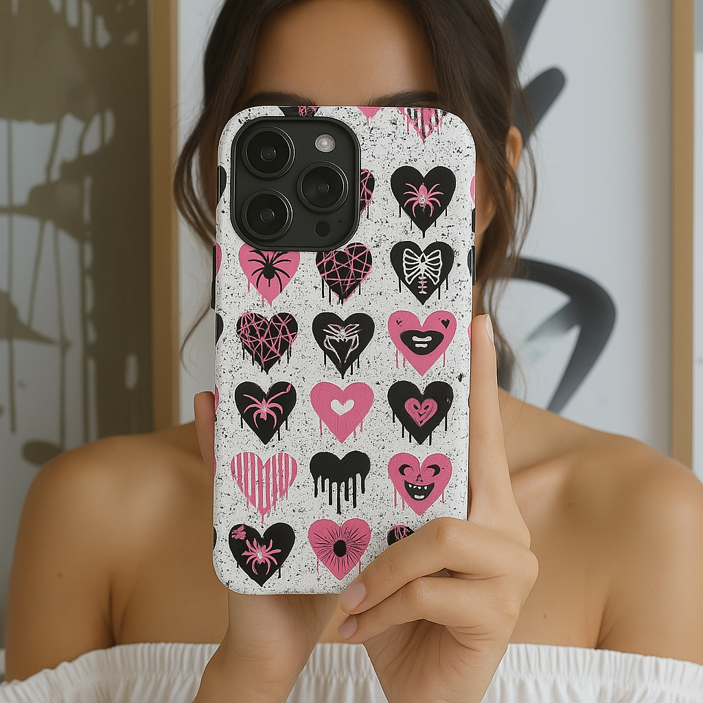 Goth Heart Phone Case, Pink Punk Spider Web Phone Cover, Creepy Cute Skeleton Lips Case, Alt Girl Horror Aesthetic Accessory, Dripping Heart