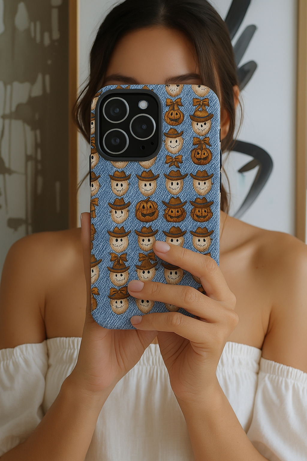 Cowboy Ghost Phone Case, Pumpkin Patch Halloween Phone Cover, Cute Fall Denim Print Case, Country Western Spooky Accessory, Autumn Goth Gift