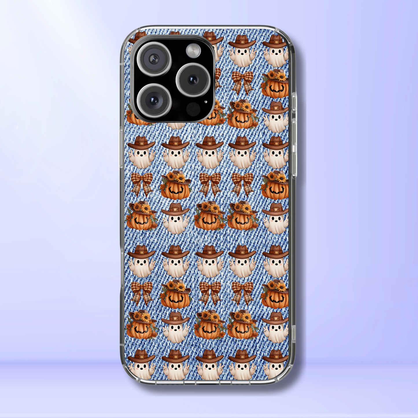 Cowboy Ghost Phone Case, Pumpkin Patch Halloween Phone Cover, Cute Fall Denim Print Case, Country Western Spooky Accessory, Autumn Goth Gift