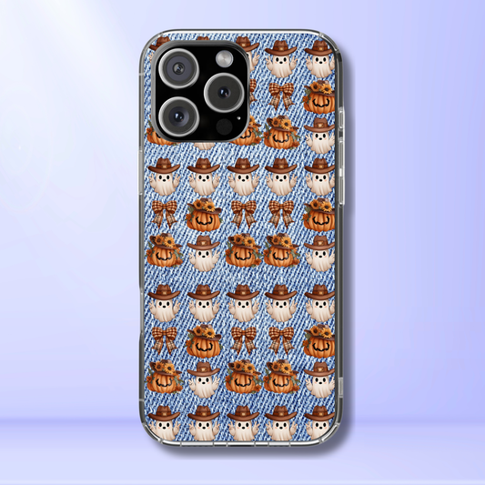 Cowboy Ghost Phone Case, Pumpkin Patch Halloween Phone Cover, Cute Fall Denim Print Case, Country Western Spooky Accessory, Autumn Goth Gift