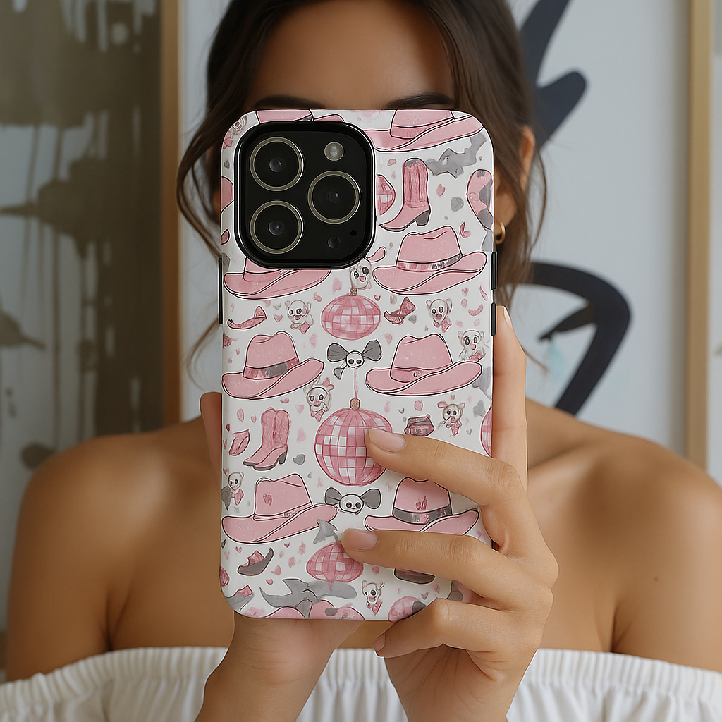 Pink Cowgirl Skeleton Phone Case, Spooky Western Disco Ball Phone Cover, Halloween Rodeo Aesthetic Case, Goth Country Girl Accessory