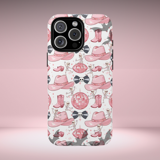 Pink Cowgirl Skeleton Phone Case, Spooky Western Disco Ball Phone Cover, Halloween Rodeo Aesthetic Case, Goth Country Girl Accessory