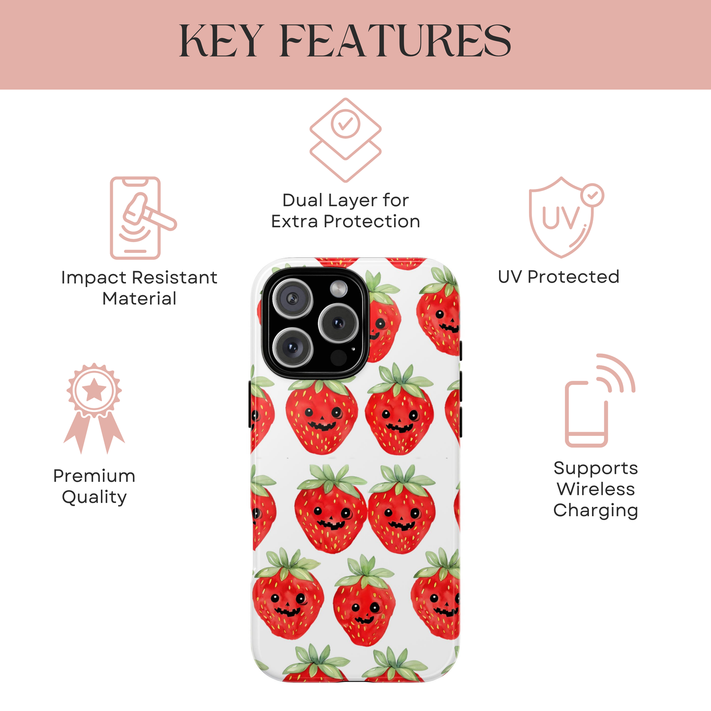 Summerween Strawberry Phone Case, Coquette Ghost Phone Case, Funny Cute Creepy Fruit Case, Halloween Aesthetic with Kawaii Beach Vibes Gift