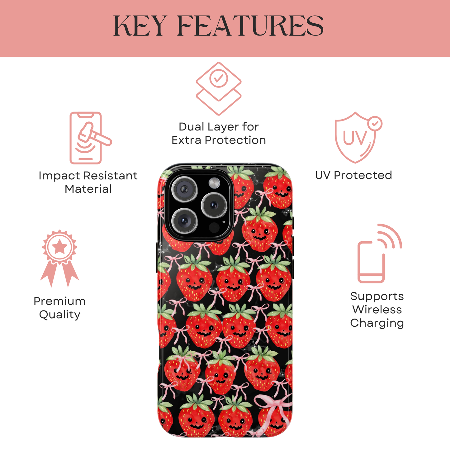 Summerween Strawberry Jack O' Lanterns Phone Case, Coquette Spiderweb Phone Cover Cute Halloween Aesthetic Case Pink Bow Glam Girl Accessory