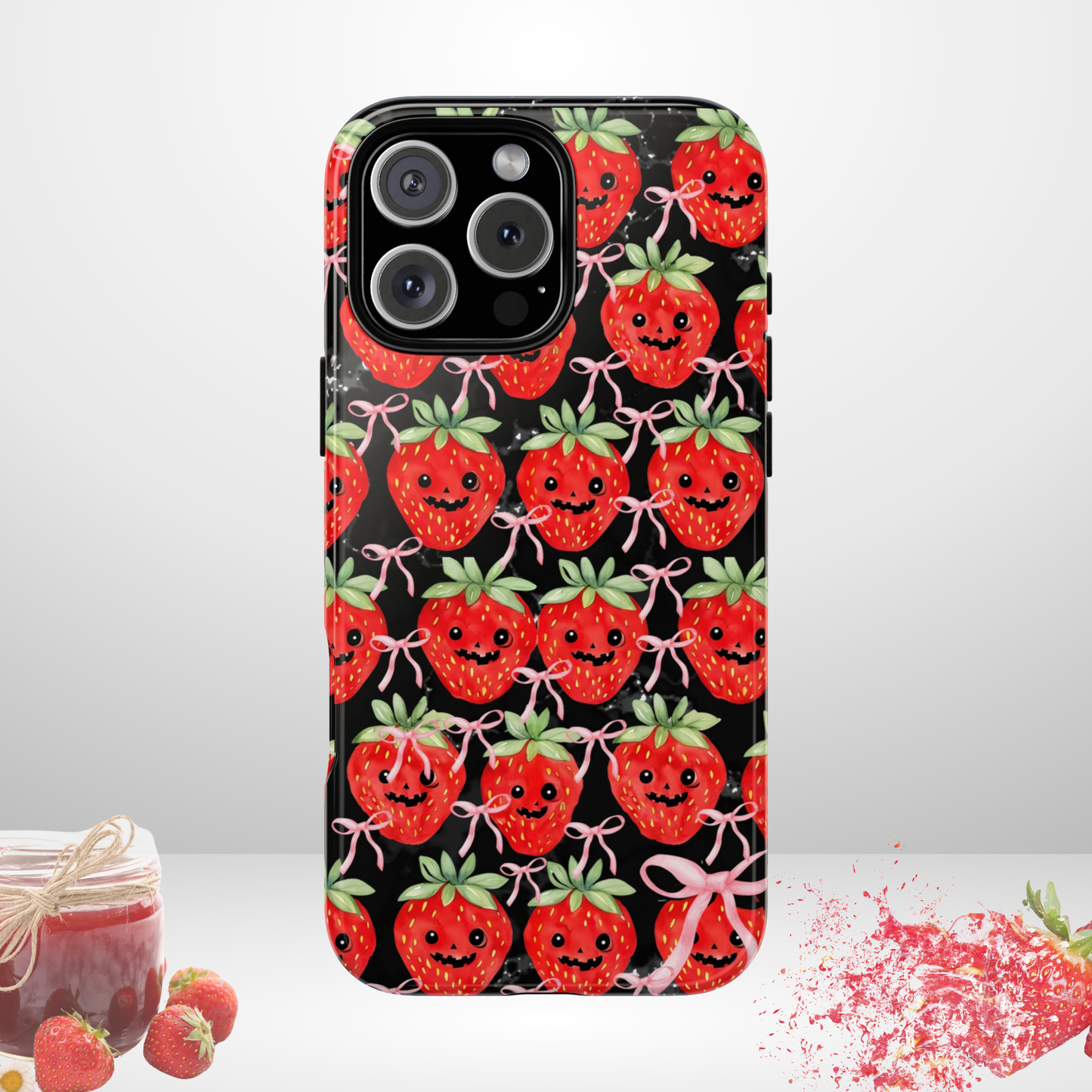 Summerween Strawberry Jack O' Lanterns Phone Case, Coquette Spiderweb Phone Cover Cute Halloween Aesthetic Case Pink Bow Glam Girl Accessory
