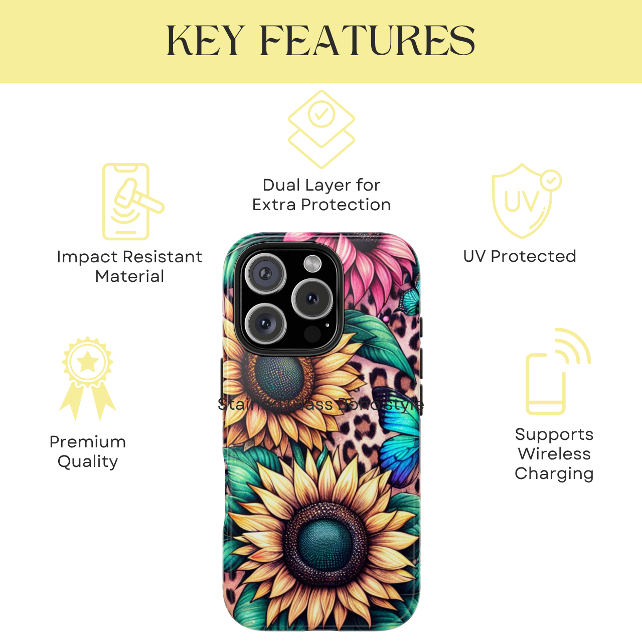 Stained Glass Sunflower Phone Case - Tough  and Aesthetic Floral Butterfly Design - iPhone and Samsung Galaxy Cover, Protective & Stylish