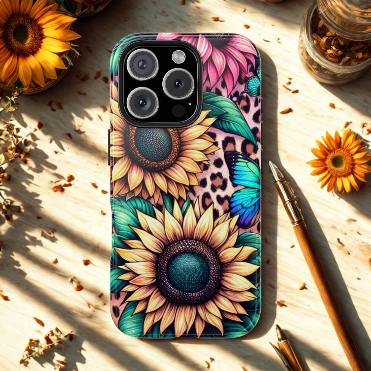 Stained Glass Sunflower Phone Case - Tough  and Aesthetic Floral Butterfly Design - iPhone and Samsung Galaxy Cover, Protective & Stylish