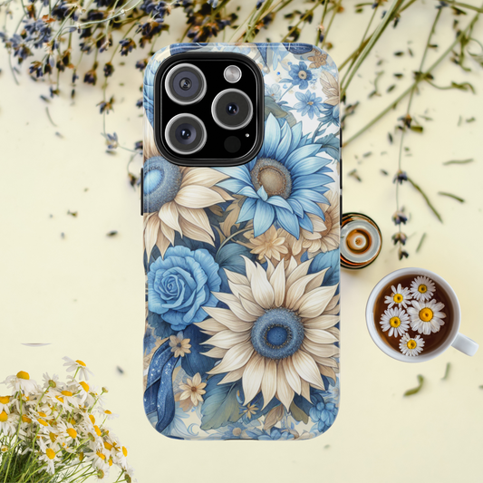 Elegant Stained Glass Floral Phone Case with Sunflowers and Blue Roses, Tough Stylish Design Cover for iPhone, Samsung Floral Vintage Charm