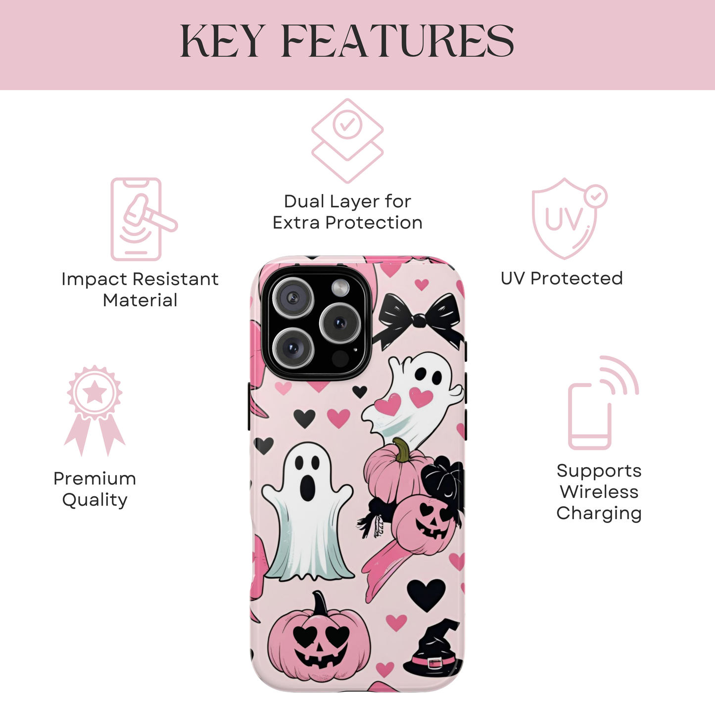 Summerween White Ghosts Phone Case, Coquette bows, hearts Phone Cover, Cute Halloween Aesthetic Case, Pink Bow Glam Girl Accessory