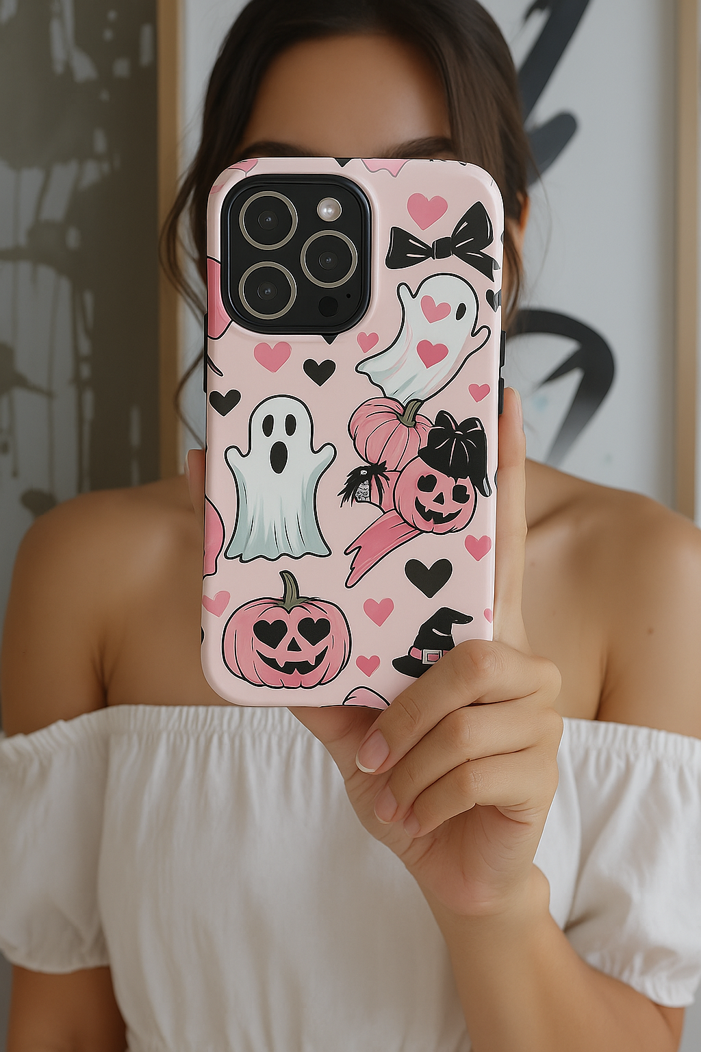 Summerween White Ghosts Phone Case, Coquette bows, hearts Phone Cover, Cute Halloween Aesthetic Case, Pink Bow Glam Girl Accessory
