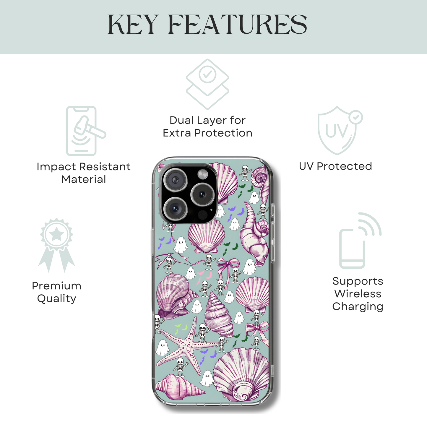 Summerween Aesthetic Phone Case, Cute Ghosts Skeletons and Seashells Spooky Cute Pastel Aesthetic Phone Cover, Cute Halloween Aesthetic Case