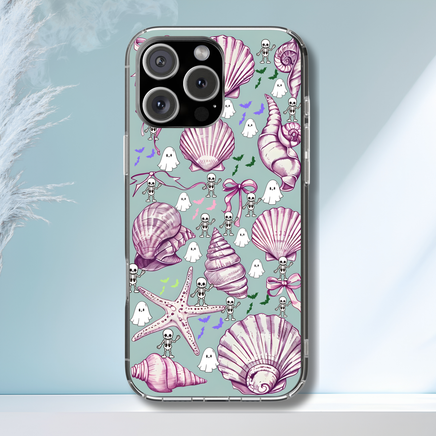 Summerween Aesthetic Phone Case, Cute Ghosts Skeletons and Seashells Spooky Cute Pastel Aesthetic Phone Cover, Cute Halloween Aesthetic Case