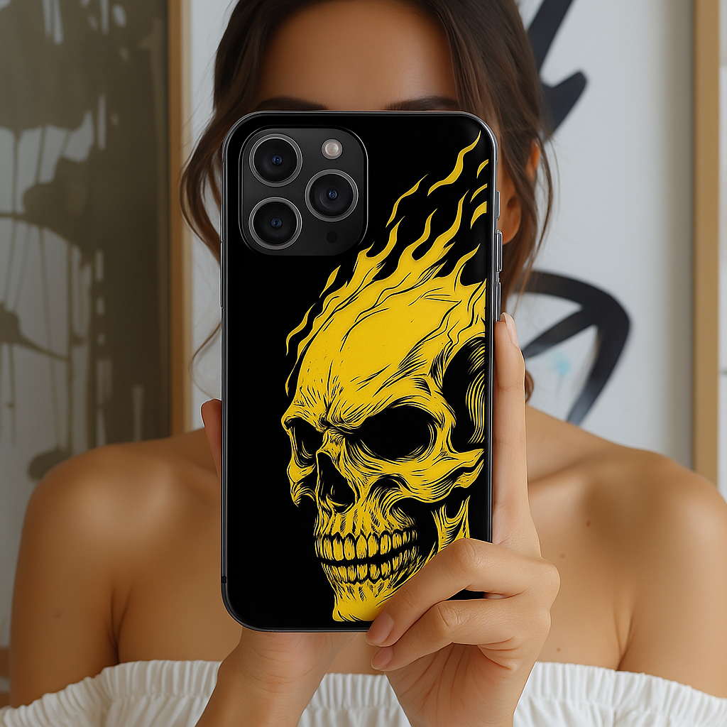 Flaming Skull Tough Phone Case - Gothic Halloween Aesthetic, Creepy Yellow Horror Art, Compatible with iPhone, Galaxy, and Google Phones