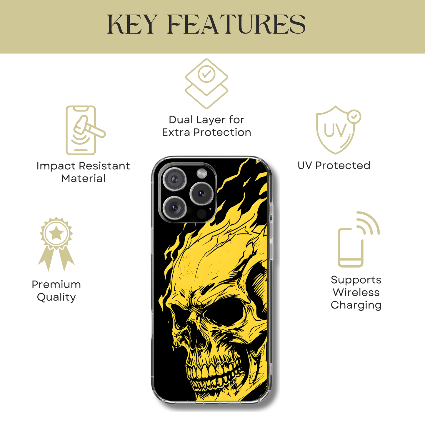 Flaming Skull Tough Phone Case - Gothic Halloween Aesthetic, Creepy Yellow Horror Art, Compatible with iPhone, Galaxy, and Google Phones