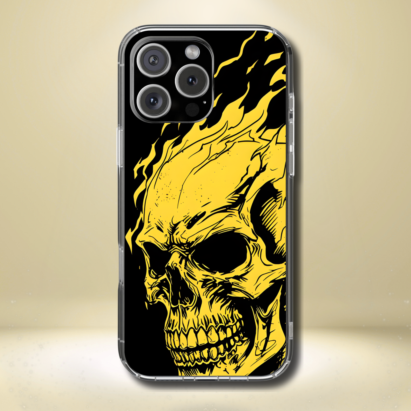 Flaming Skull Tough Phone Case - Gothic Halloween Aesthetic, Creepy Yellow Horror Art, Compatible with iPhone, Galaxy, and Google Phones