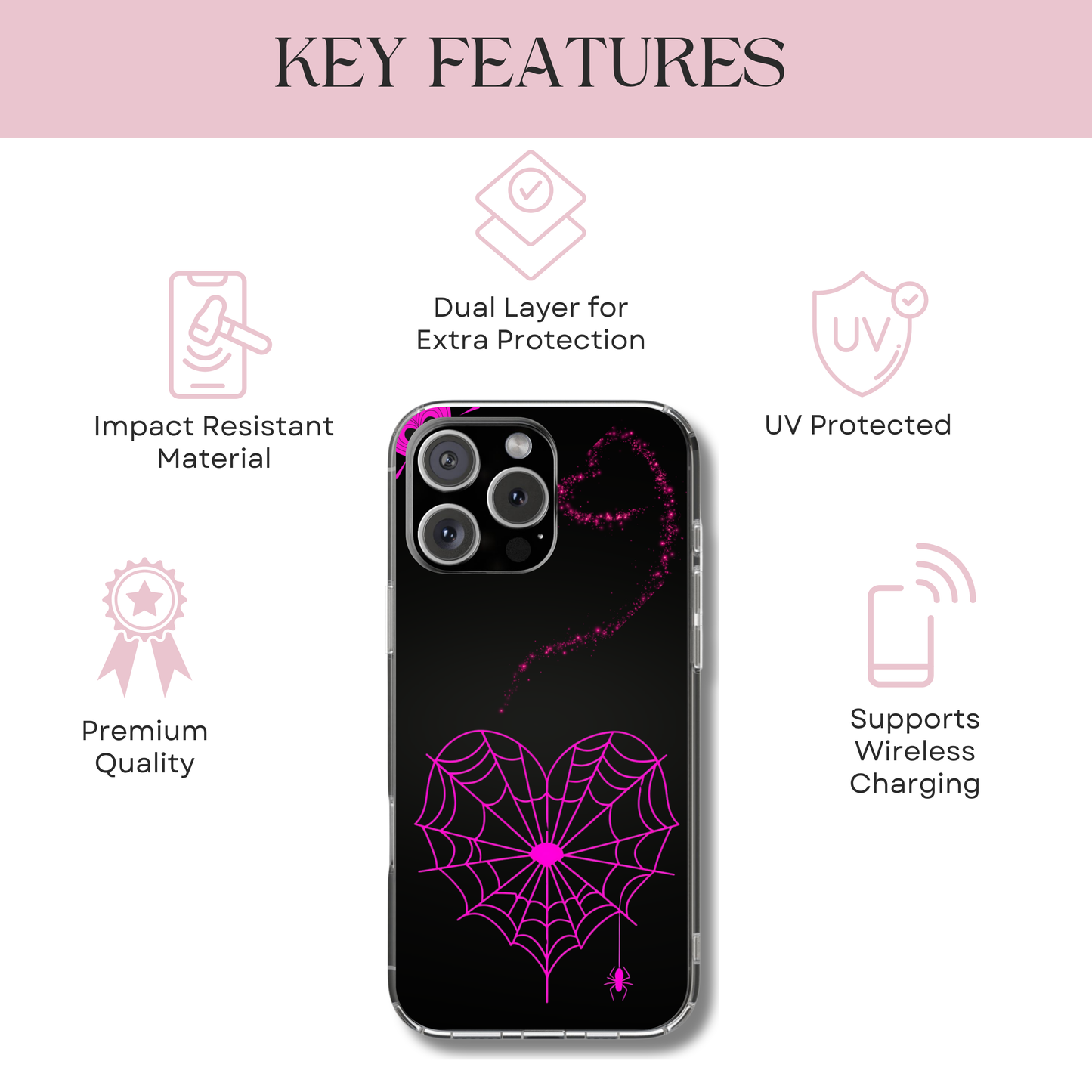Pink Heart Web Tough Phone Case, Coquette Halloween Aesthetic, Creepy Spider Love Design, Compatible with iPhone, Galaxy, and Google Phones