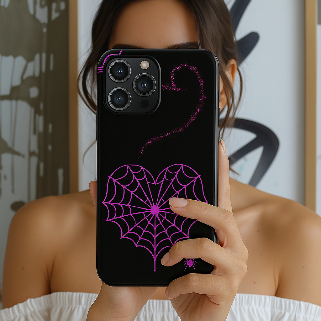 Pink Heart Web Tough Phone Case, Coquette Halloween Aesthetic, Creepy Spider Love Design, Compatible with iPhone, Galaxy, and Google Phones