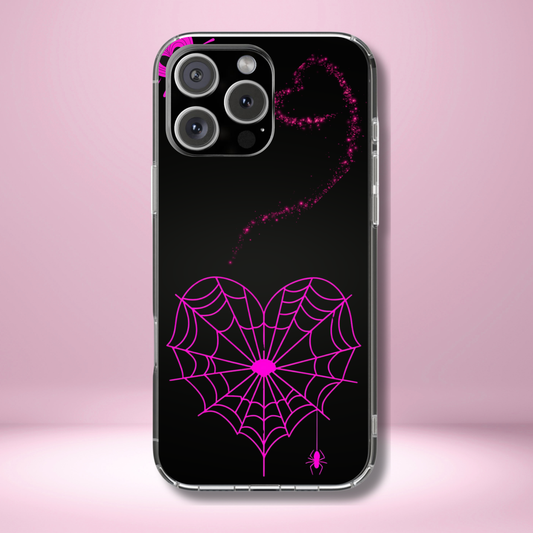 Pink Heart Web Tough Phone Case, Coquette Halloween Aesthetic, Creepy Spider Love Design, Compatible with iPhone, Galaxy, and Google Phones