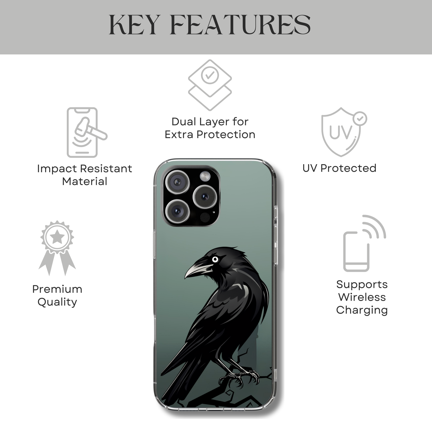 Black Raven Tough Phone Case - Gothic Halloween Aesthetic, Spooky Birdcore Design, Compatible with iPhone, Galaxy, and Google Phones