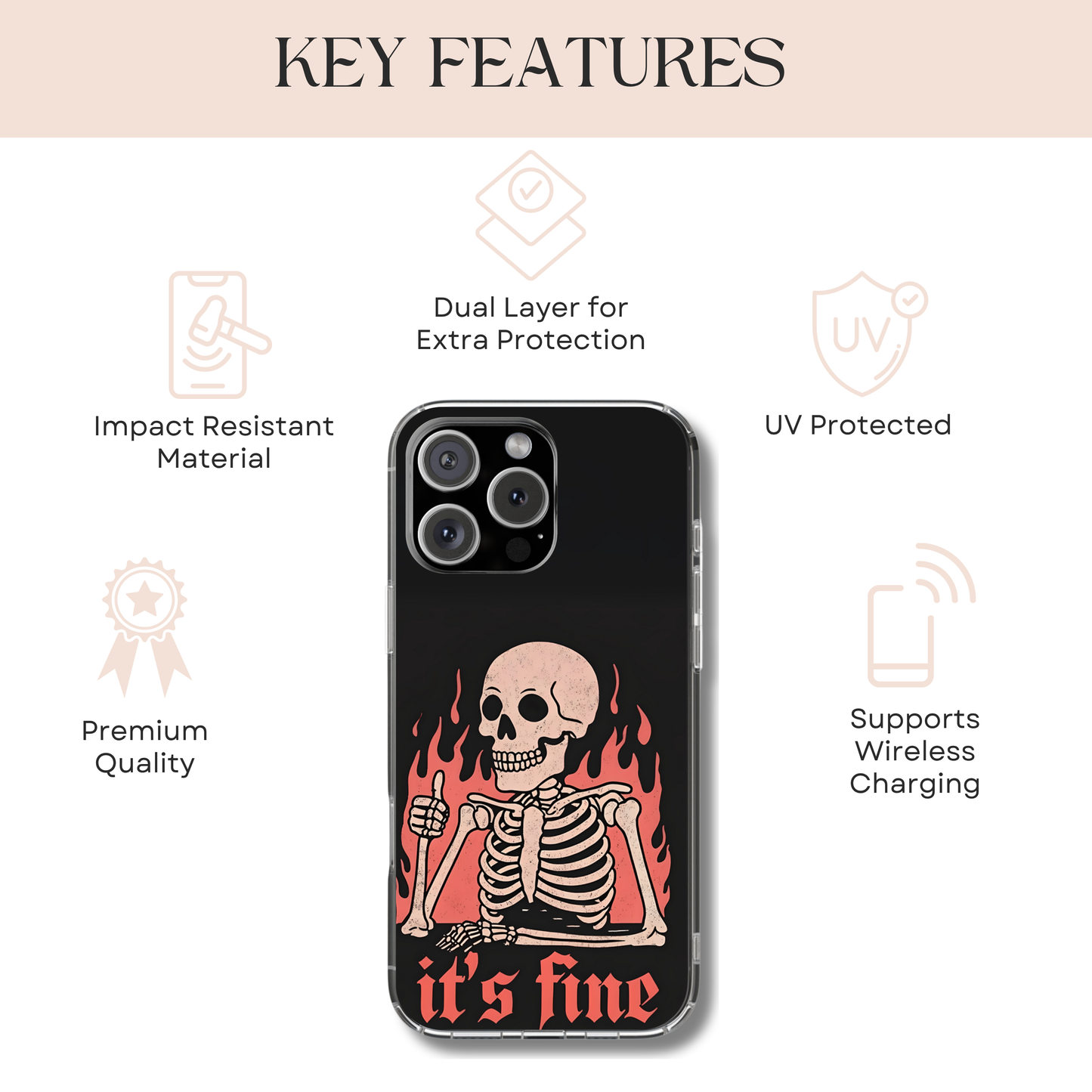 Flaming Skeleton Tough Phone Case, Creepy Cute Halloween Aesthetic, Gothic Spooky Style, Compatible with iPhone, Galaxy, and Google Phones