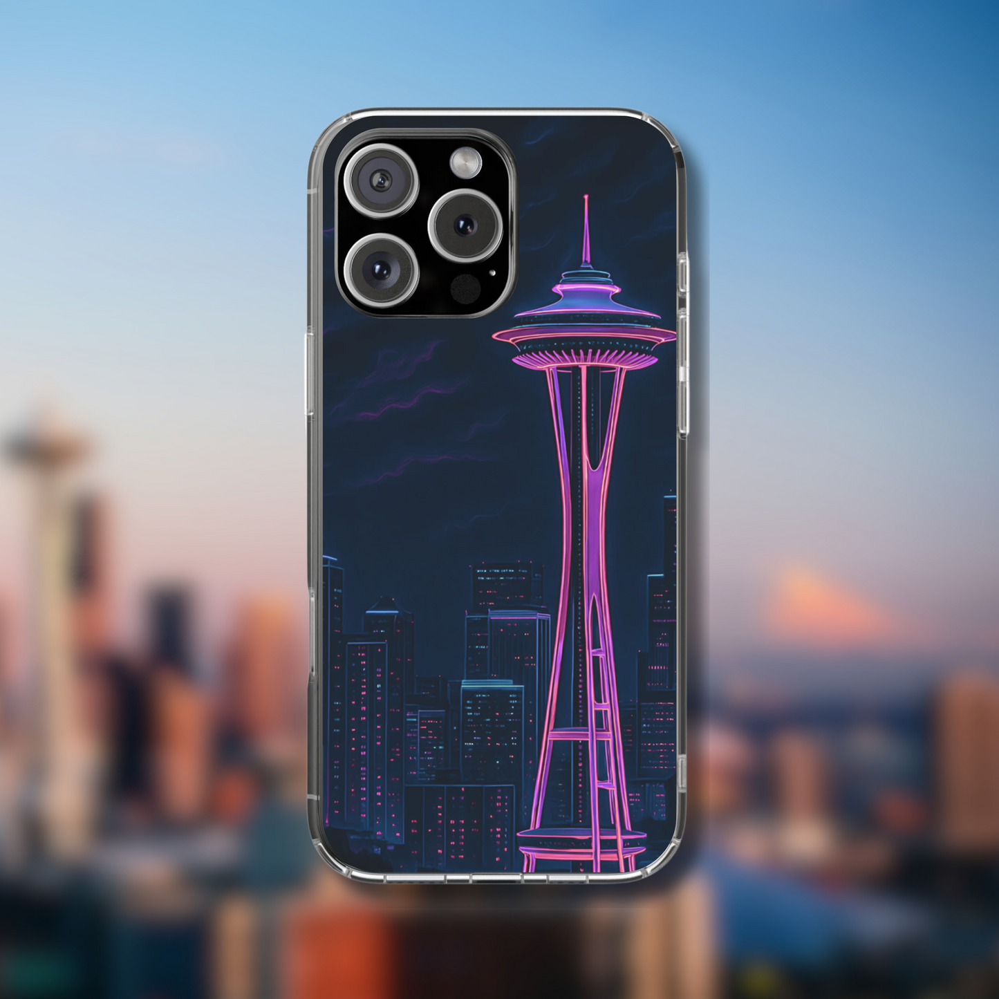 Seattle Space Needle phone case with pastel watercolor skyline and dreamy cityscape design, compatible with iPhone, Galaxy, and Google phones.