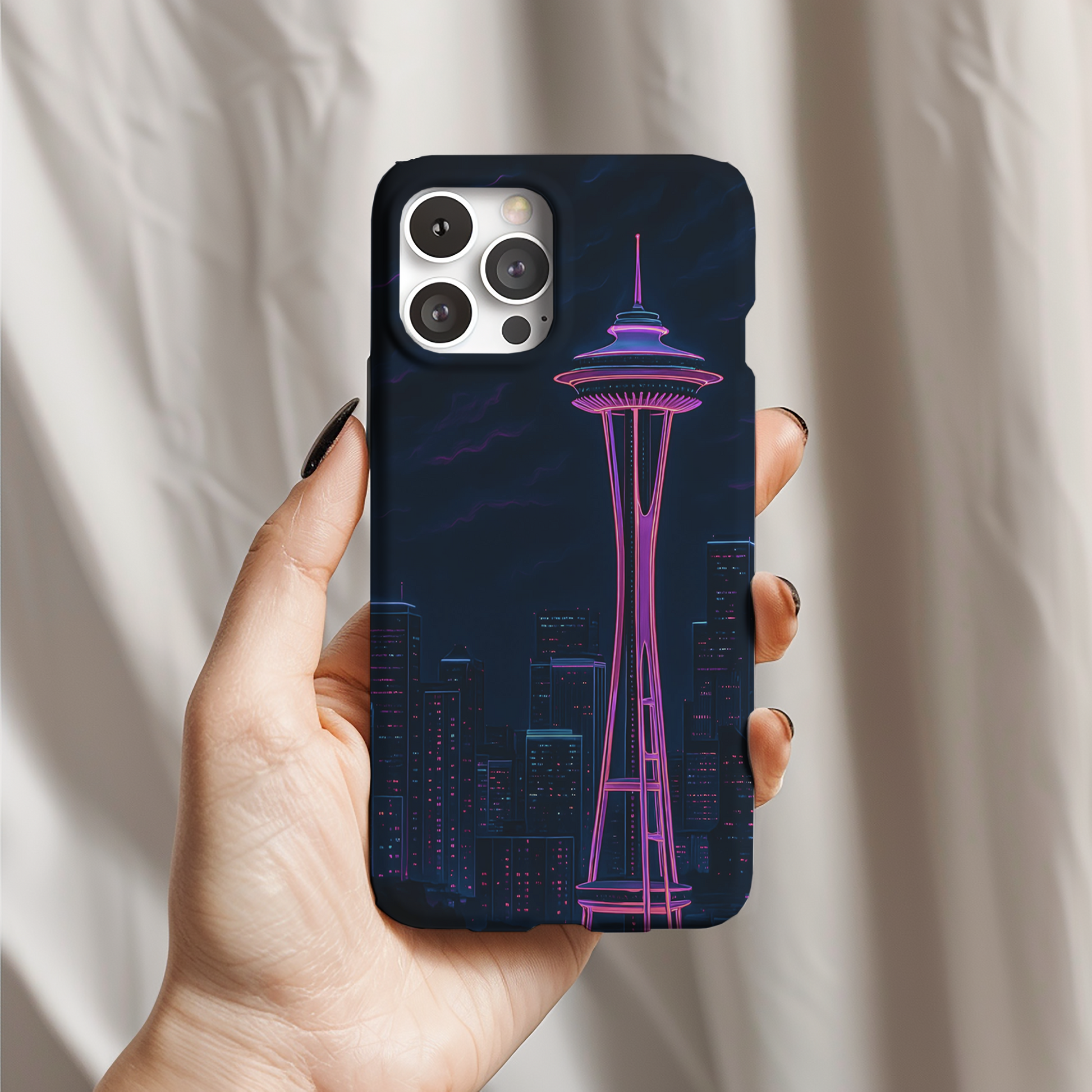 Watercolor Seattle phone case with soft pastel skyline, cotton candy clouds, and iconic Space Needle urban art aesthetic.